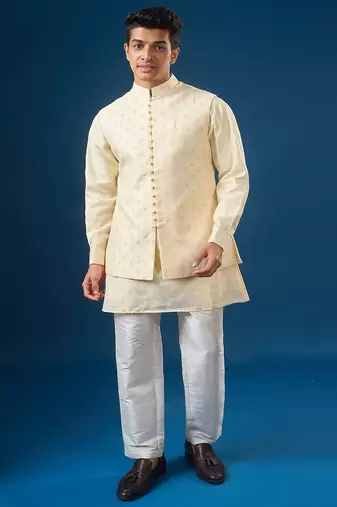 Cream embroidered cotton silk nehru jacket set