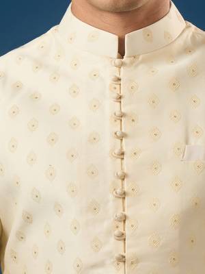 Cream embroidered cotton silk nehru jacket set 3