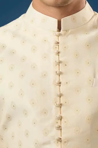 Cream embroidered cotton silk nehru jacket set