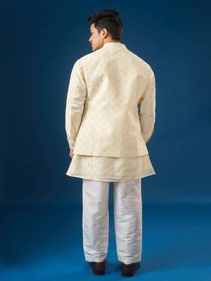 Cream embroidered cotton silk nehru jacket set 5