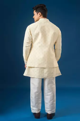 Cream embroidered cotton silk nehru jacket set