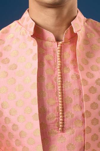 Pink embroidered brocade silk jacket set