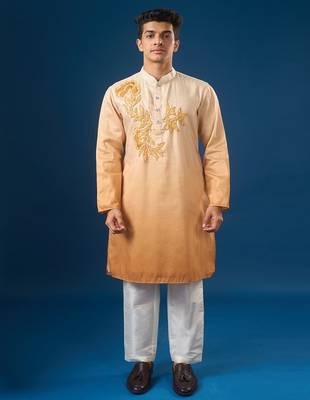 Yellow embroidered cotton silk kurta set 1