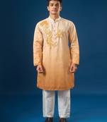 Yellow embroidered cotton silk kurta set