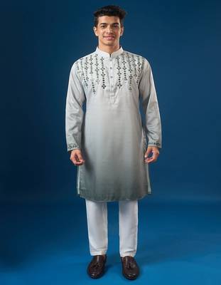 Green embroidered cotton silk kurta set 1