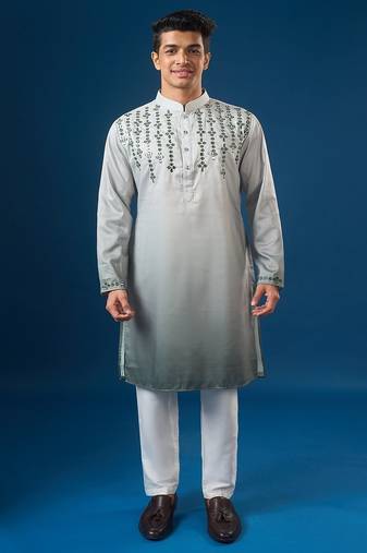 Green embroidered cotton silk kurta set