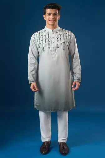 Green embroidered cotton silk kurta set