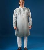 Green embroidered cotton silk kurta set