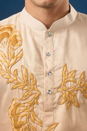 Yellow embroidered cotton silk kurta set
