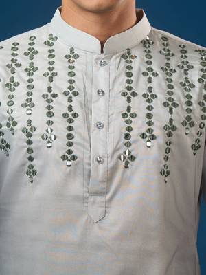 Green embroidered cotton silk kurta set 2