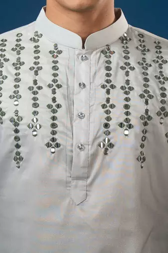 Green embroidered cotton silk kurta set