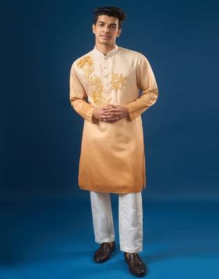 Yellow embroidered cotton silk kurta set 4