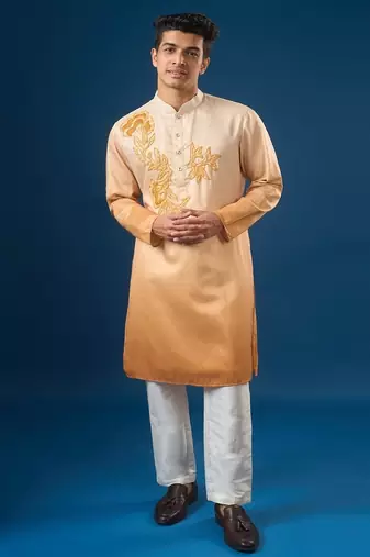 Yellow embroidered cotton silk kurta set