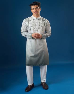 Green embroidered cotton silk kurta set 5
