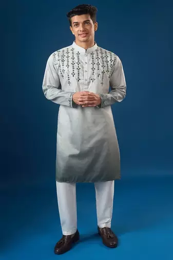 Green embroidered cotton silk kurta set