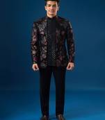 Black embroidered velvet bandhgala jacket paired with pant