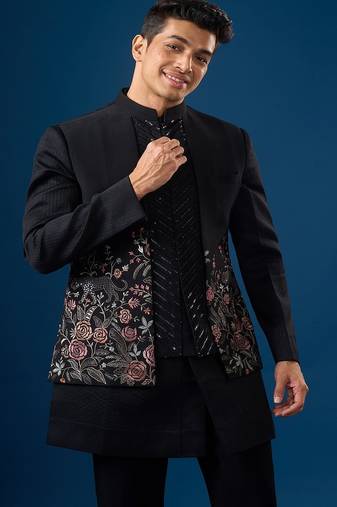 Black embroidered cotton silk jacket set