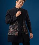 Black embroidered cotton silk jacket set