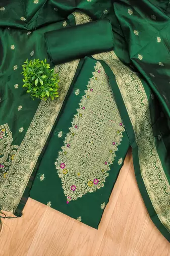 Green designer partywear paithani banarasi dress material