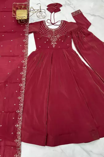 Flowy Maroon Long Anarkali With Matching Dupatta     Elegant Occasion Wear