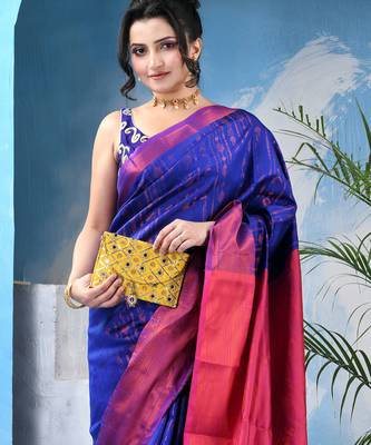Navy blue  cotton silk kanjivaram suvarna kolkaa saree with blouse piece 1
