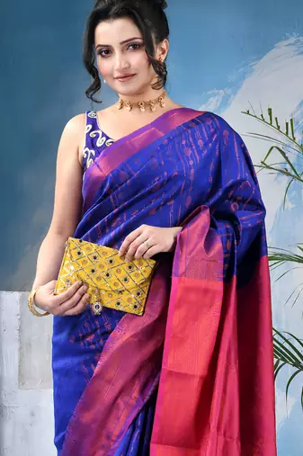 Navy blue  cotton silk kanjivaram suvarna kolkaa saree with blouse piece