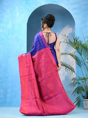 Navy blue  cotton silk kanjivaram suvarna kolkaa saree with blouse piece 2