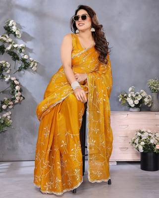 Vibrant Yellow Embroidery Work Jimmy Chu Saree with Blouse 1