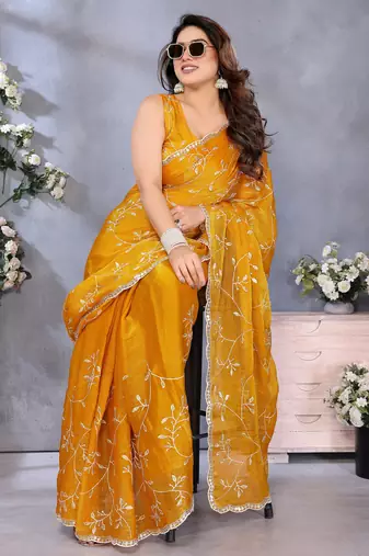 Vibrant Yellow Embroidery Work Jimmy Chu Saree with Designer Blouse