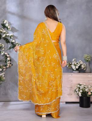 Vibrant Yellow Embroidery Work Jimmy Chu Saree with Blouse 2