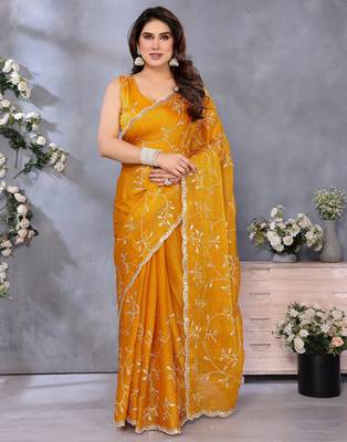 Vibrant Yellow Embroidery Work Jimmy Chu Saree with Blouse 3