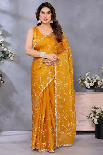 Vibrant Yellow Embroidery Work Jimmy Chu Saree with Blouse