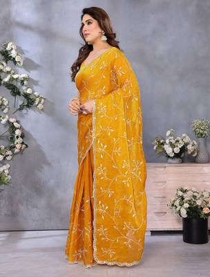 Vibrant Yellow Embroidery Work Jimmy Chu Saree with Blouse 5