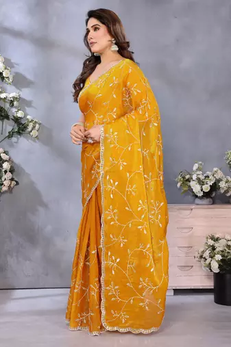 Vibrant Yellow Embroidery Work Jimmy Chu Saree with Blouse