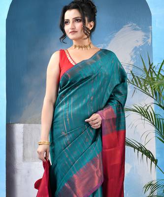 Green  cotton silk kanjivaram suvarna kolkaa saree with blouse piece 1