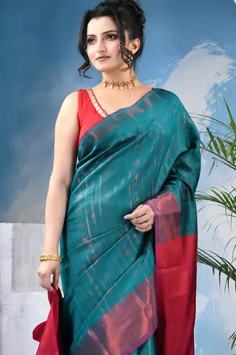 Green  cotton silk kanjivaram suvarna kolkaa saree with blouse piece