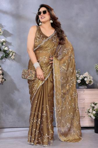 Royal Gold Jimmy Chu Saree with Heavy Embroidery & Premium Lace