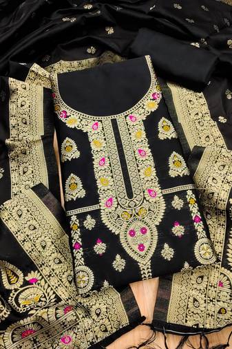 Black designer partywear paithani banarasi dress material