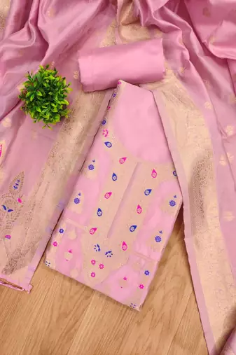 Baby pink designer partywear paithani banarasi dress material