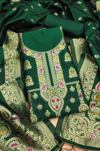 Green designer partywear paithani banarasi dress material