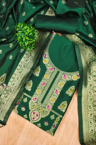 Green designer partywear paithani banarasi dress material