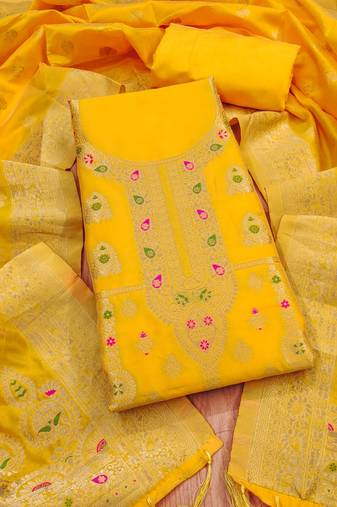 Yellow designer partywear paithani banarasi dress material