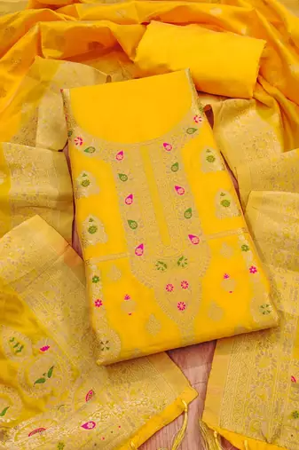 Yellow designer partywear paithani banarasi dress material