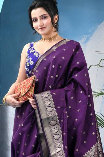 Purple kanjivaram banarasi linen silk fancy chaturratna  with blouse piece