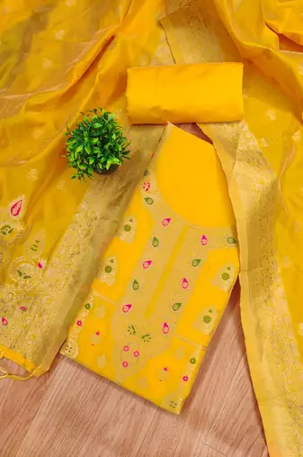 Yellow designer partywear paithani banarasi dress material