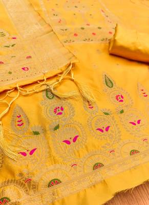 Yellow designer partywear paithani banarasi dress material 4