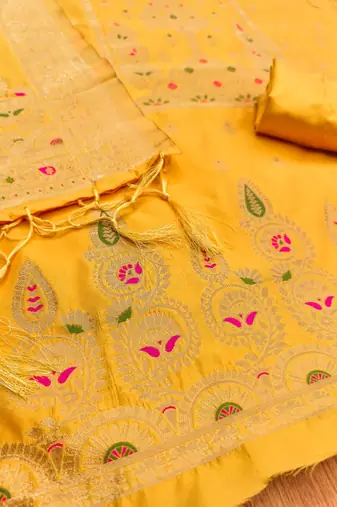 Yellow designer partywear paithani banarasi dress material
