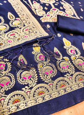 Nevy blue designer partywear paithani banarasi dress material 4