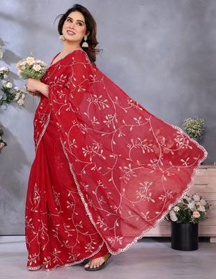 Classic Red Embroidered Jimmy Chu Saree Festive & Party Wear 1
