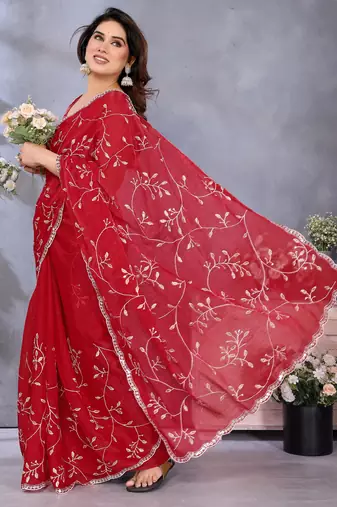 Classic Red Embroidered Jimmy Chu Saree Festive & Party Wear